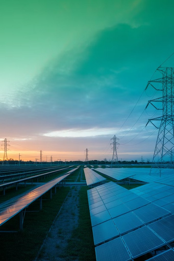 Solar panels and transmission towers at dusk